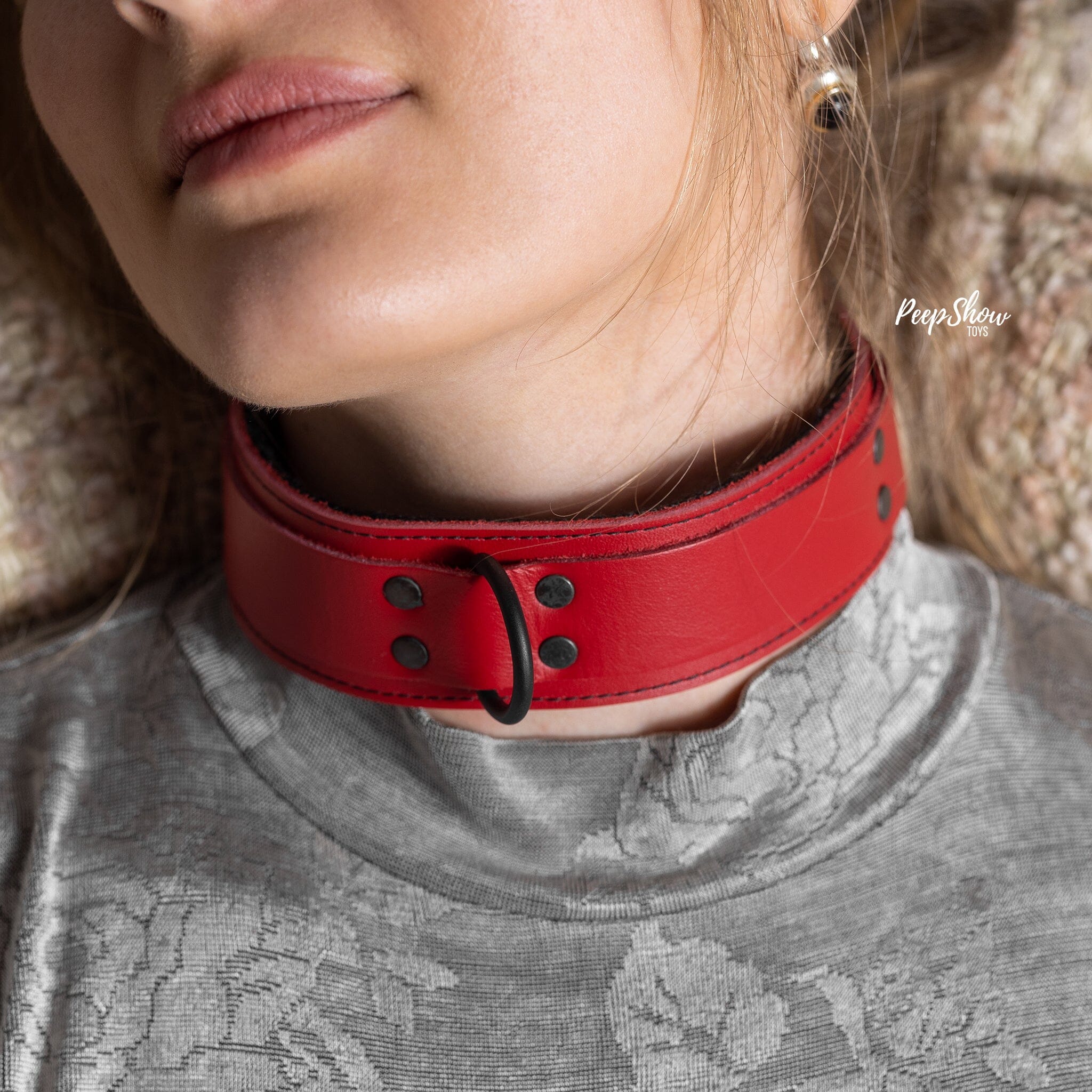 Red Leather Collar with Faux Fur - Real Leather - Image 3