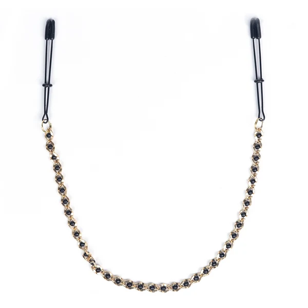 Beaded Black Tweezer Nipple Clamps with Golden Chain - Image 2