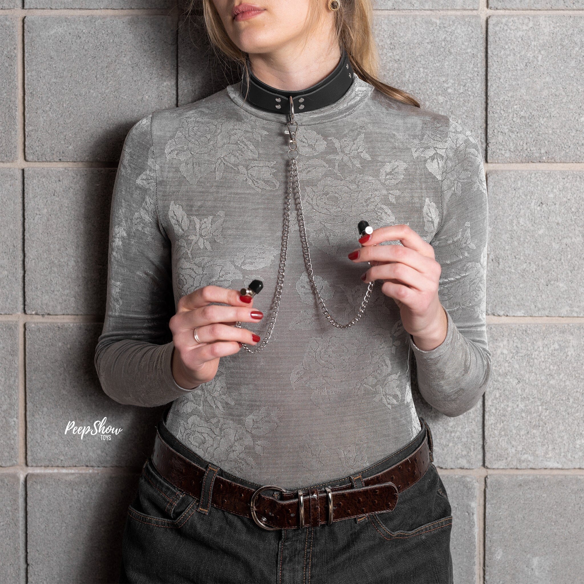 1.5" Inch Black Leather Collar With Nipple Clamps - Image 2