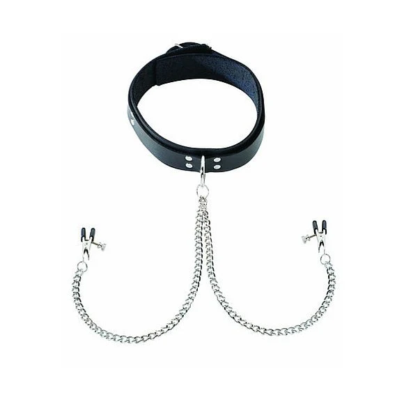 1.5" Inch Black Leather Collar With Nipple Clamps - Image 3
